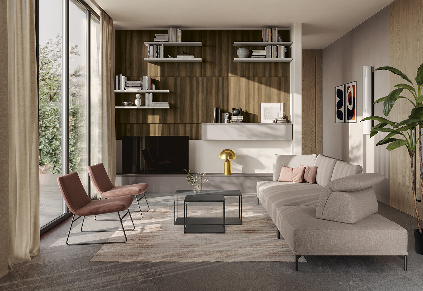 Moderno soggiorno in stile minimalista con divano beige, poltroncine rosa, parete attrezzata in legno e decorazioni eleganti. Ambiente luminoso e design naturale.