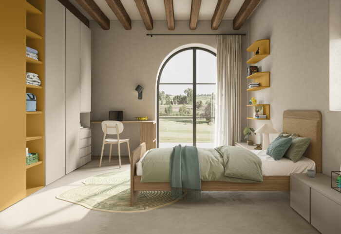 Cameretta funzionale con armadio a tutta altezza, zona studio con scrivania e mensole colorate