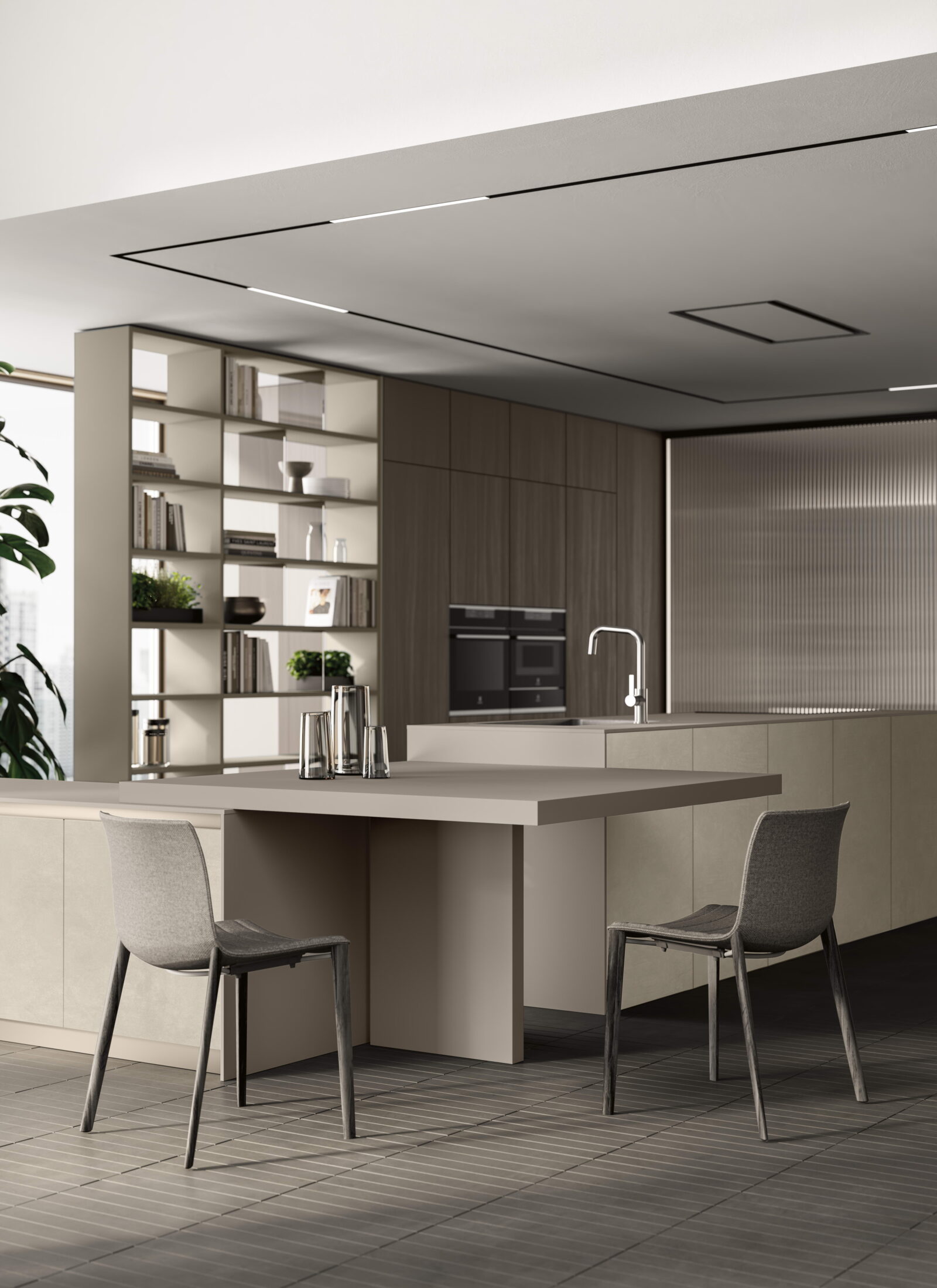 Cucina ambientazione reale materiali misti design moderno segno compo2 cck finitura porfido sabbia 1