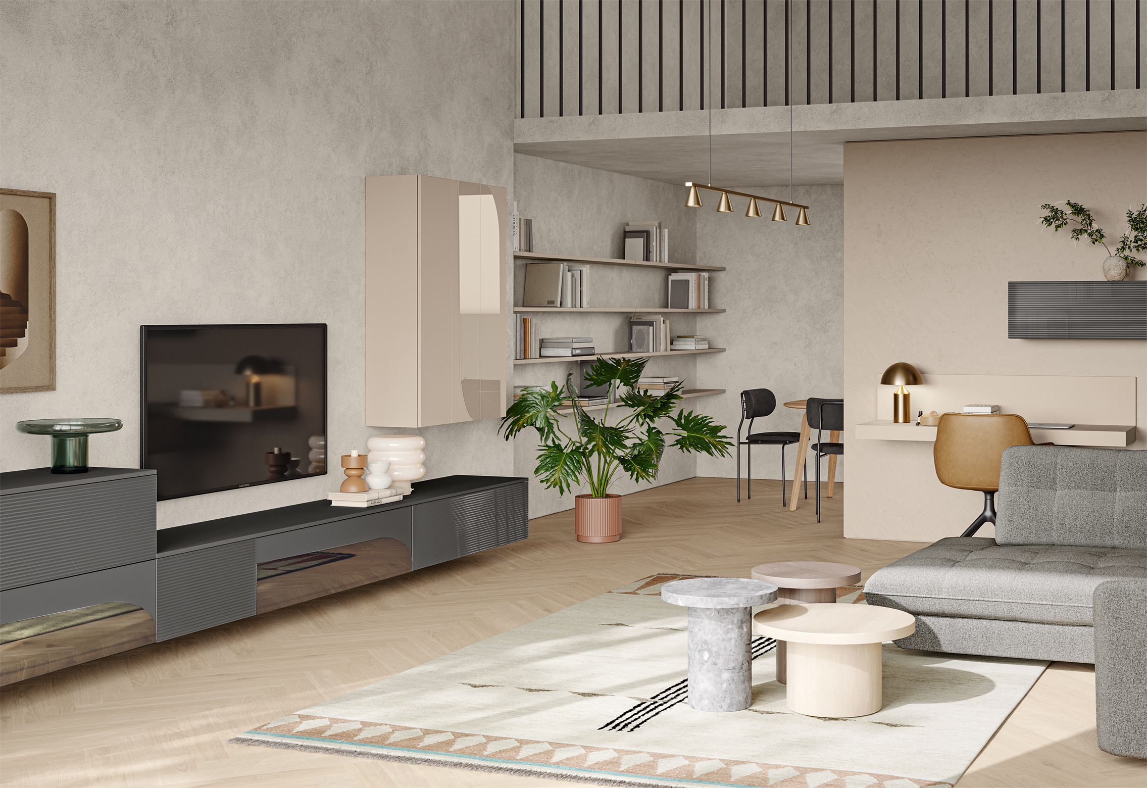 Composizione arredamento salotto design moderno eclettica eclettica giorno ar ecl en05 p64 65